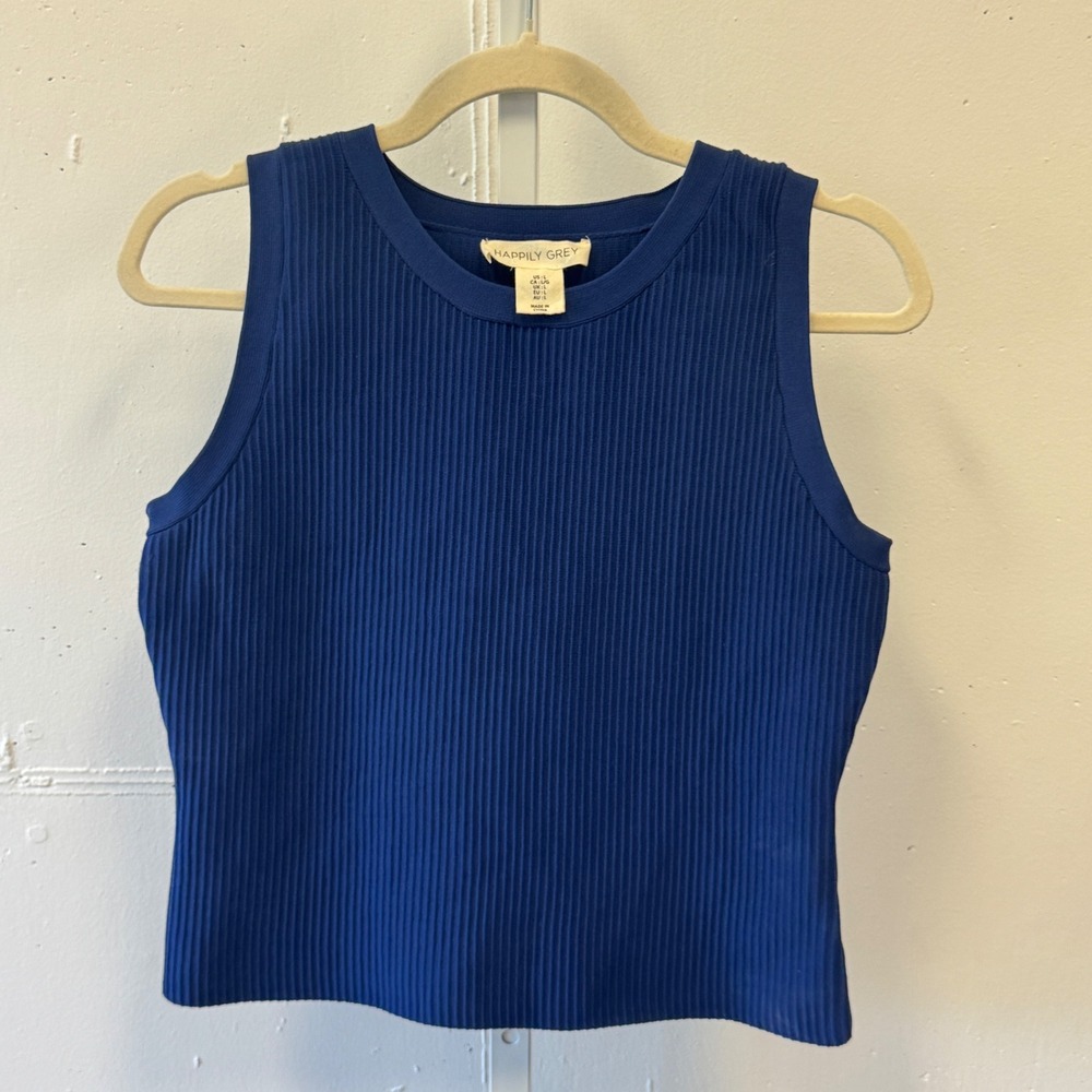 Happily Grey‎ Ribbed Knit Tank Top Cobalt Blue Crew Neck Size Large Minimalist